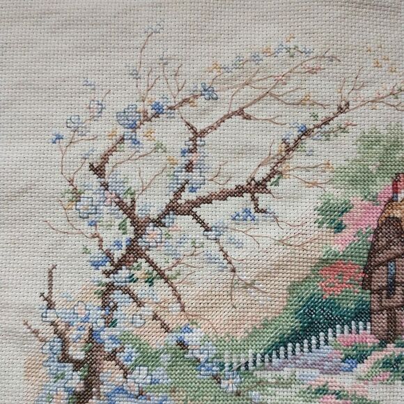 Sunset Design Cottage Enchantment Crosstitch Embroidery Wall Hanging ~11x14" - Picture 3 of 7